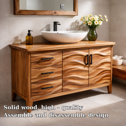 Solid Wood Bathroom Vanity with Wave Design & Drawers – Modern Rustic Base