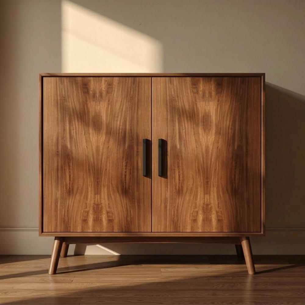 Sleek Walnut Console Cabinet -  Mid-Century Modern Design with Black Handles