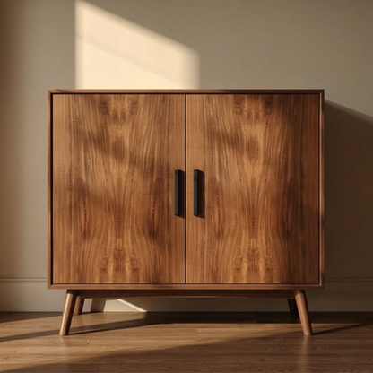 Sleek Walnut Console Cabinet -  Mid-Century Modern Design with Black Handles