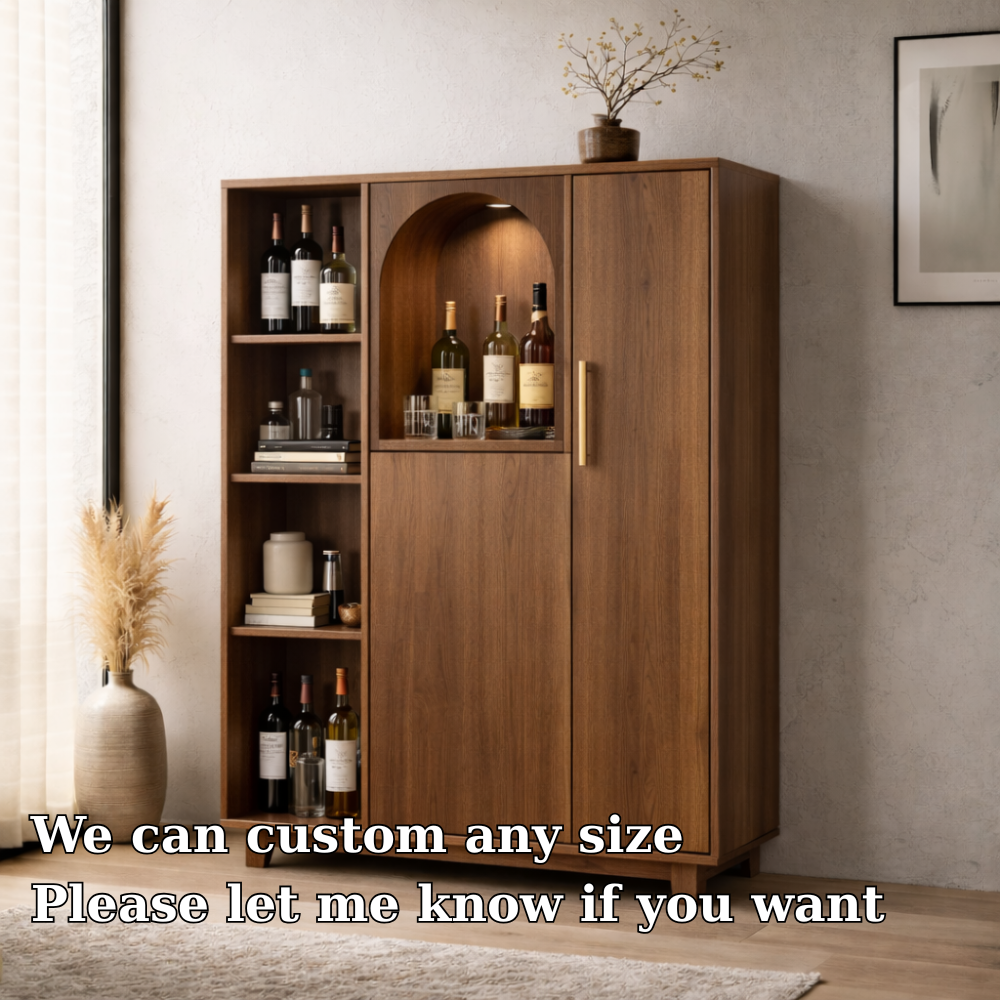 Solid Wood Bar Cabinet with Arched Display Niche and Open Wine Storage Shelf