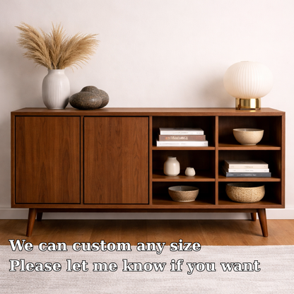 Modern Walnut Console Cabinet with Doors and Open Display Shelving