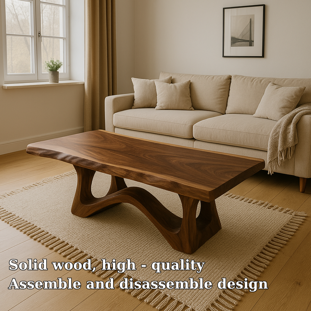Modern Wooden Coffee Table with Curved Base – Solid Wood Living Room Center Table Kitchnce