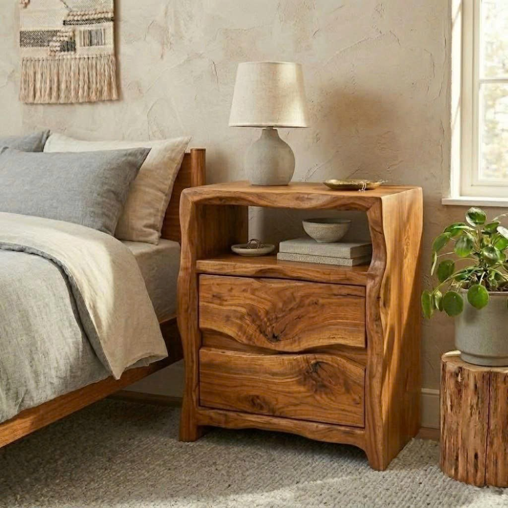 Solid Nightstand - Handcrafted Organic Wavy Edge Table with 2 Drawers & Cubby