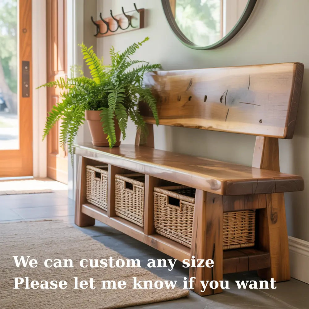 Handcrafted Solid Wood Bench – Rustic Maple Entryway Bench with Backrest and Wicker Storage Baskets Kitchnce