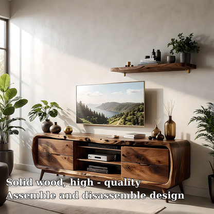 Solid Wood TV Stand Modern Walnut Media Console with Mid Century Design