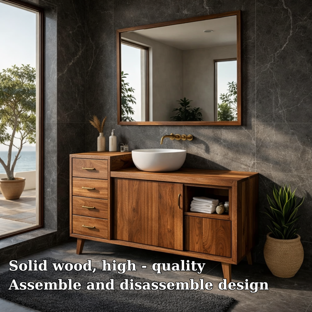 Solid Wood Bathroom Vanity with Drawers & Cabinet Storage – Mid Century Walnut Vanity