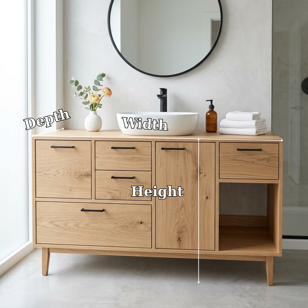 Solid Wood Bathroom Vanity with Drawers & Open Storage – Modern Design