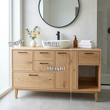 Solid Wood Bathroom Vanity with Drawers & Open Storage – Modern Design