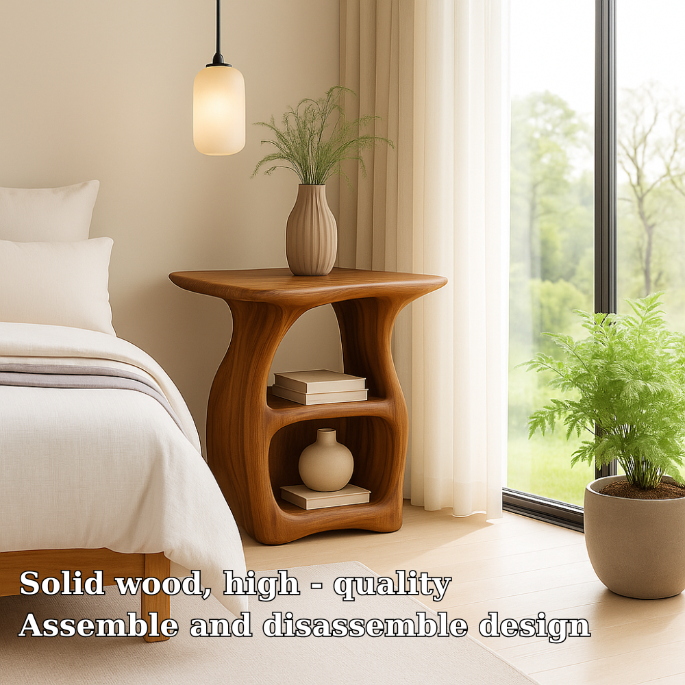 Handcrafted Solid Wood Nightstand – Modern Organic Bedside Table with Curved Open Shelves Kitchnce
