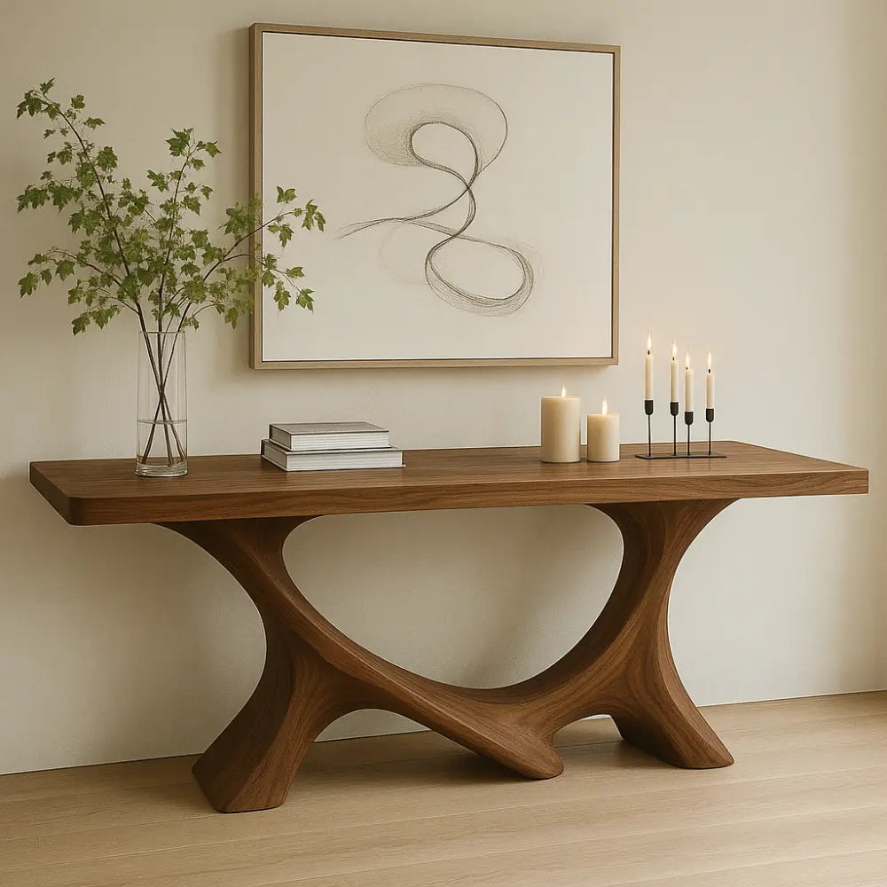Handcrafted Solid Wood Console Table with Sculptural Base – Modern Organic Home Decor Kitchnce