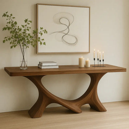 Handcrafted Solid Wood Console Table with Sculptural Base – Modern Organic Home Decor Kitchnce