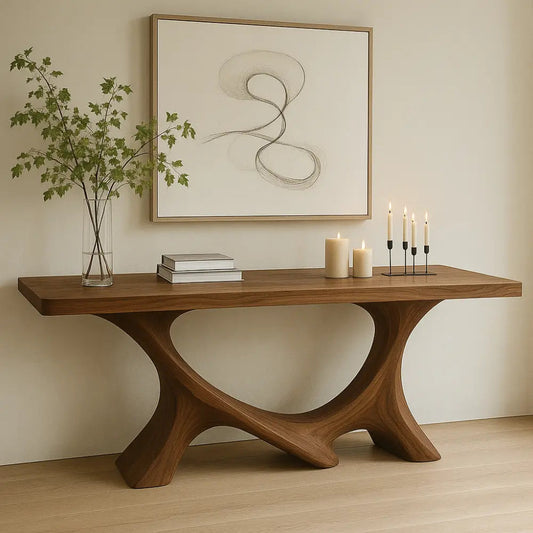 Handcrafted Solid Wood Console Table with Sculptural Base – Modern Organic Home Decor Kitchnce