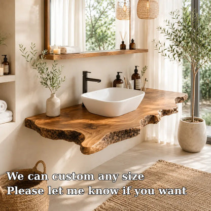 Bark Edge Floating Vanity Shelf | Natural Live Edge Solid Wood Bathroom Kitchnce