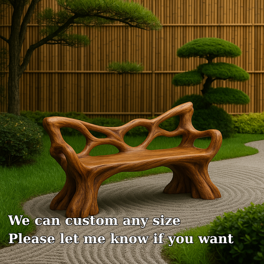 Handcrafted Solid Wood Bench with Backrest – Sculptural Organic Art Furniture for Garden Kitchnce