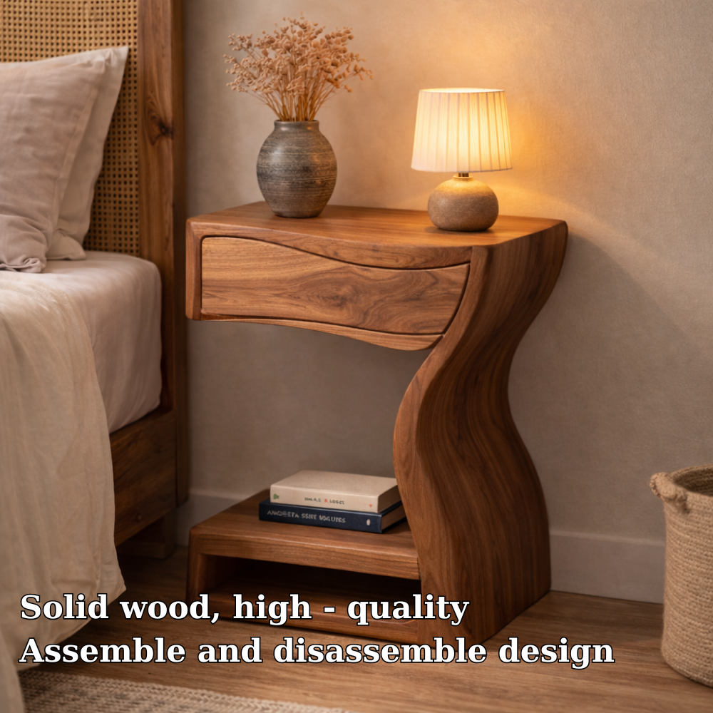 Solid Walnut Nightstand with Drawer and Shelf – Sculptural Curved Wood Bedside Table Kitchnce