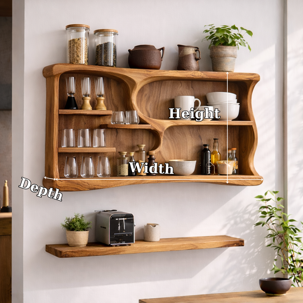 Solid Wood Kitchen Cabinet Shelf – Curved Open Wall Storage for Modern Kitchens