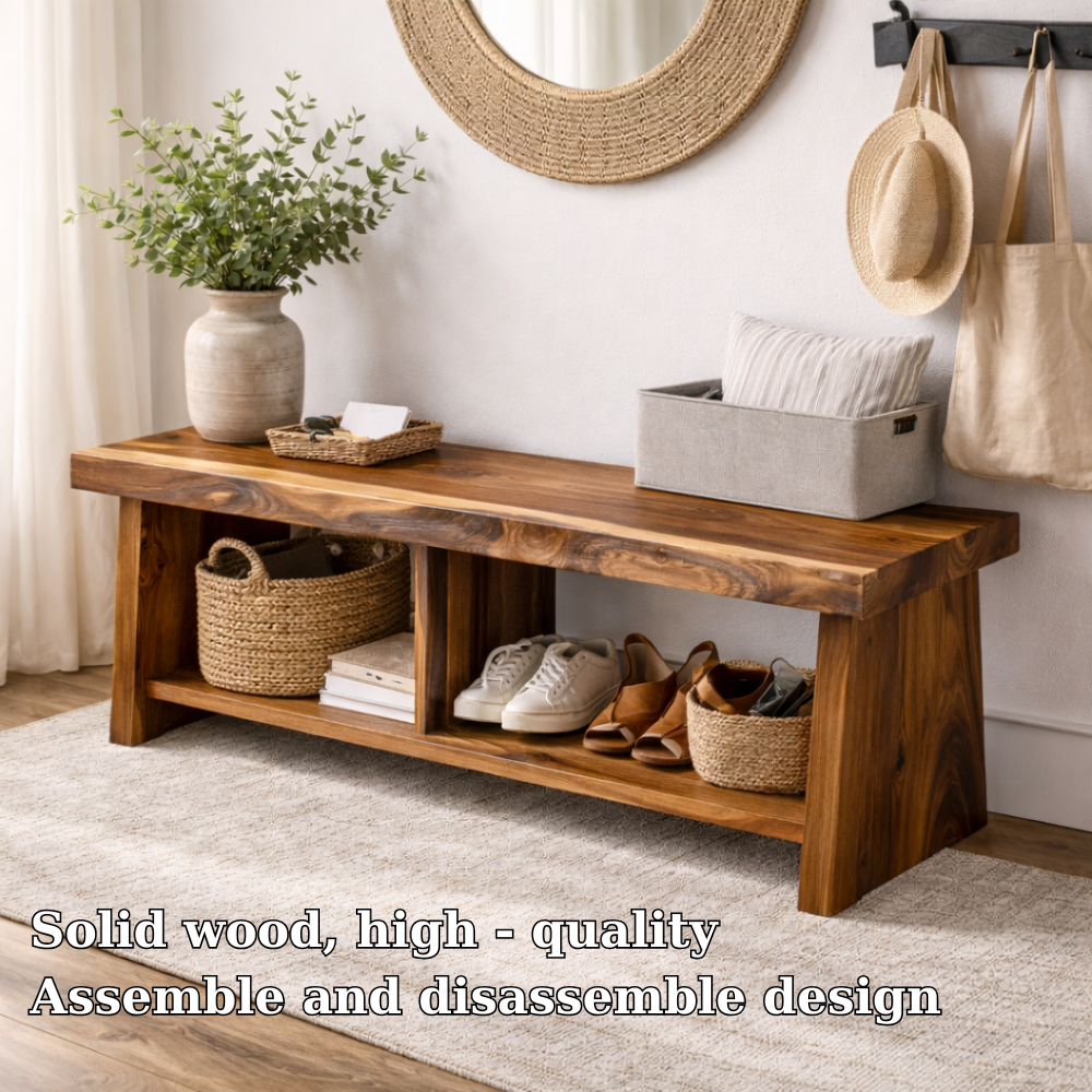 Solid Wood Entryway Bench with Storage | Rustic Hallway Bench with Open Shelves Kitchnce