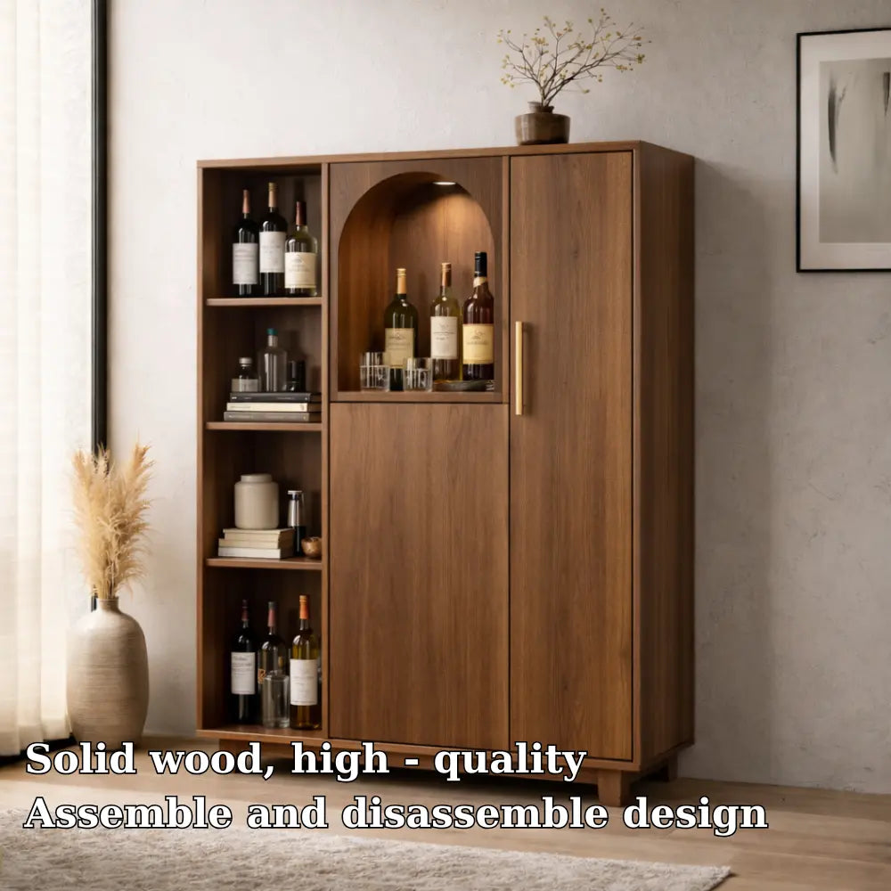 Solid Wood Bar Cabinet with Arched Display Niche and Open Wine Storage Shelf Kitchnce
