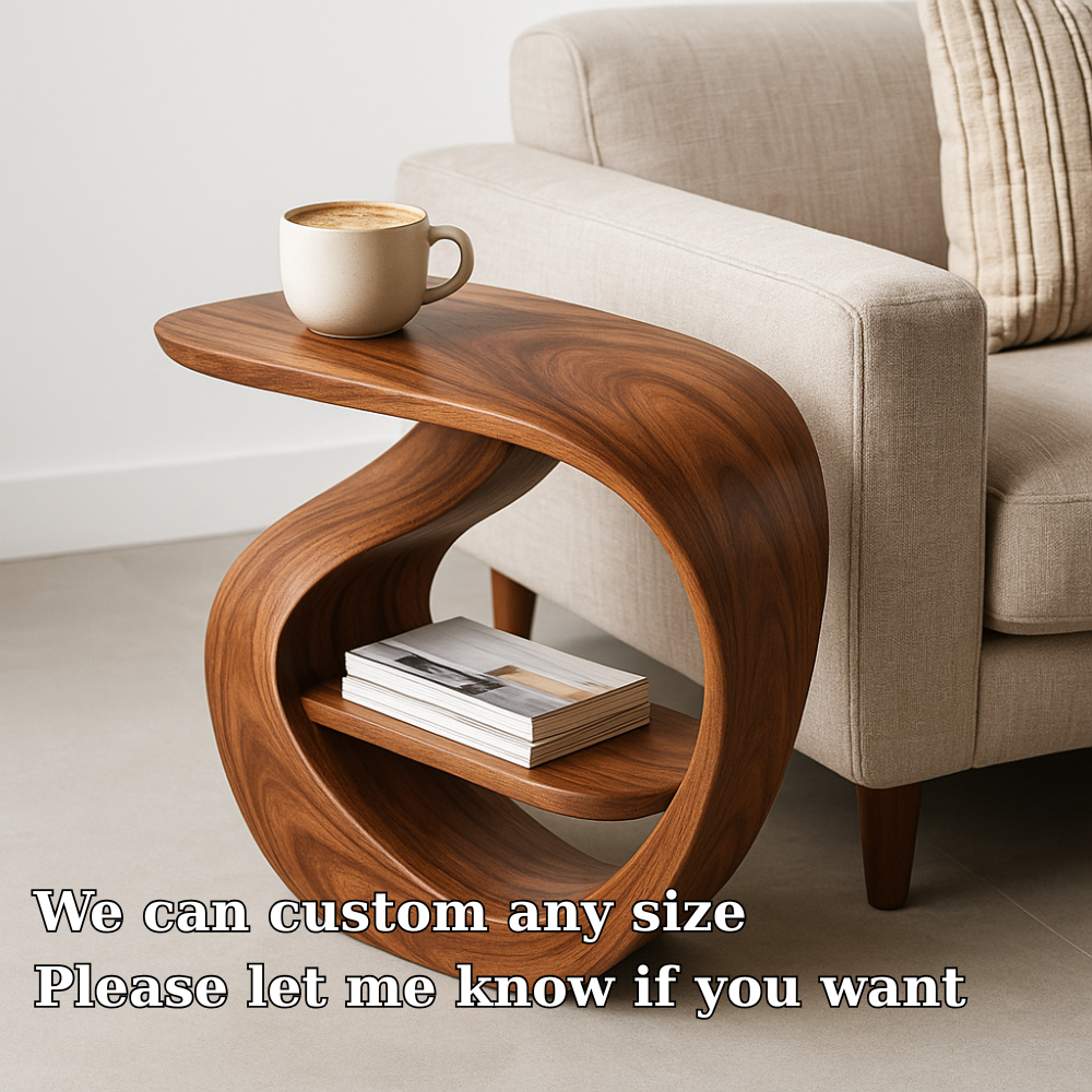 Handcrafted Solid Wood Armrest Table – Sculptural Sofa Side Table with Storage Shelf Kitchnce