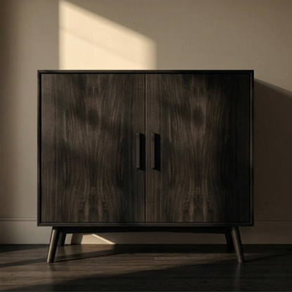 Sleek Walnut Console Cabinet -  Mid-Century Modern Design with Black Handles