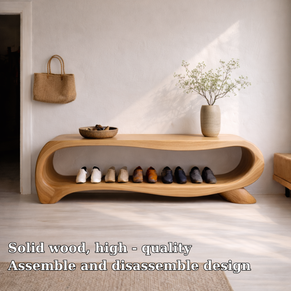 Modern Solid Wood Entryway Bench with Shoe Storage Shelf – Curved Wooden Shoe Rack Bench Kitchnce