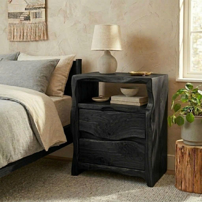 Solid Nightstand - Handcrafted Organic Wavy Edge Table with 2 Drawers & Cubby
