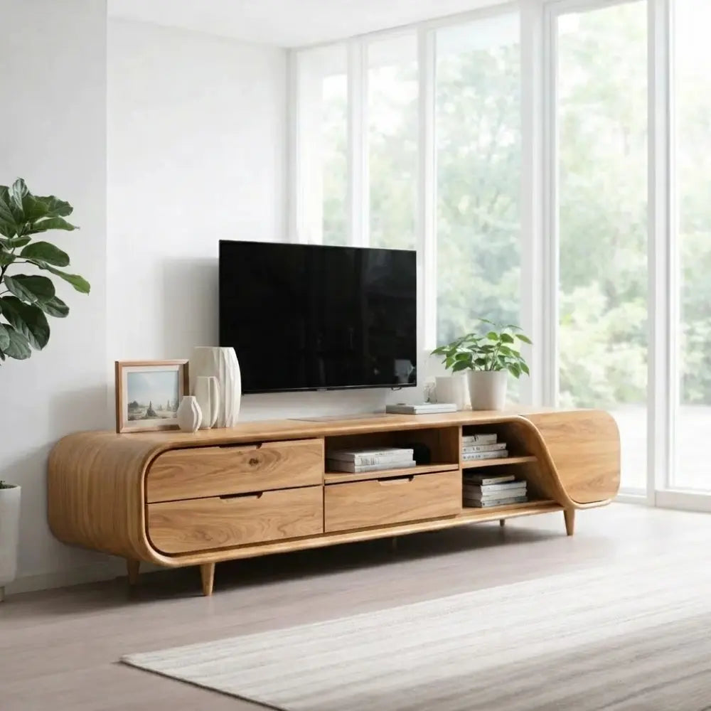 Solid Wood TV Cabinet Modern Curved Media Console with Drawers Kitchnce