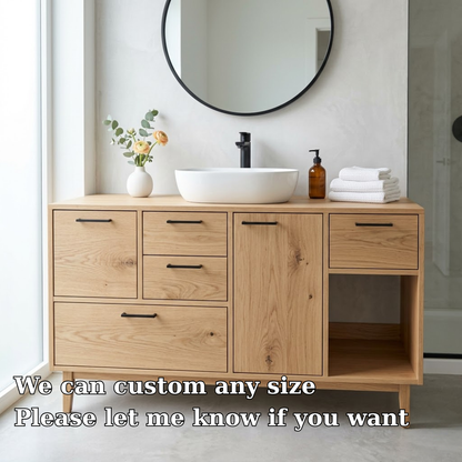 Solid Wood Bathroom Vanity with Drawers & Open Storage – Modern Design