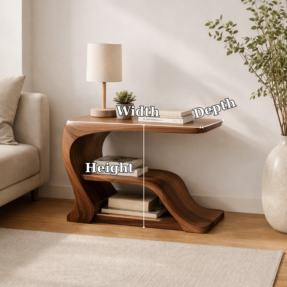 Solid Wood Curved End Table with Storage Shelf – Modern Sculptural Side Table for Living Room Kitchnce