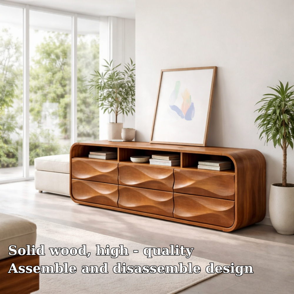 Modern Solid Wood Sideboard Cabinet with Sculpted Wave Drawers & Storage