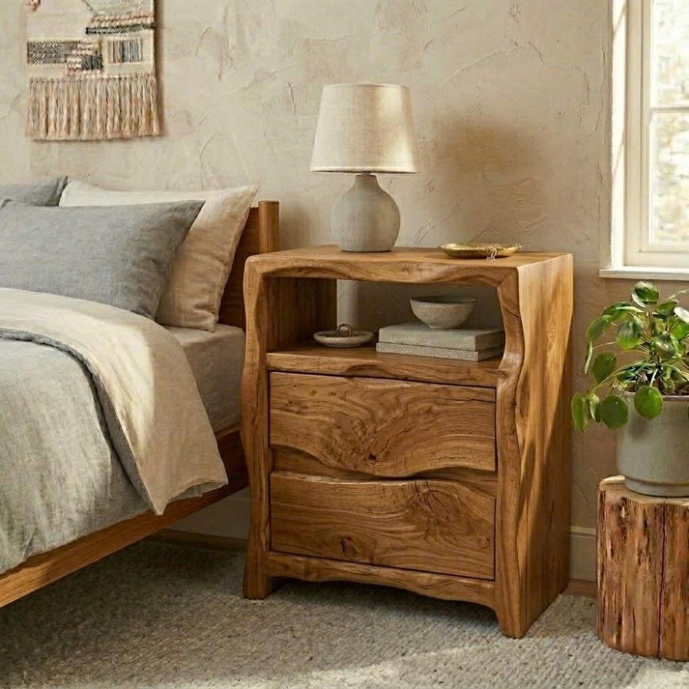 Solid Nightstand - Handcrafted Organic Wavy Edge Table with 2 Drawers & Cubby