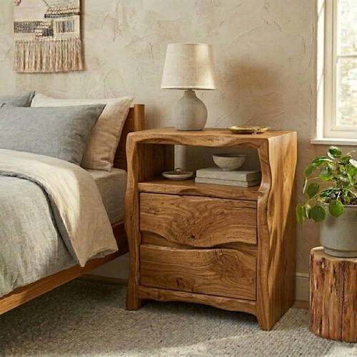 Solid Nightstand - Handcrafted Organic Wavy Edge Table with 2 Drawers & Cubby