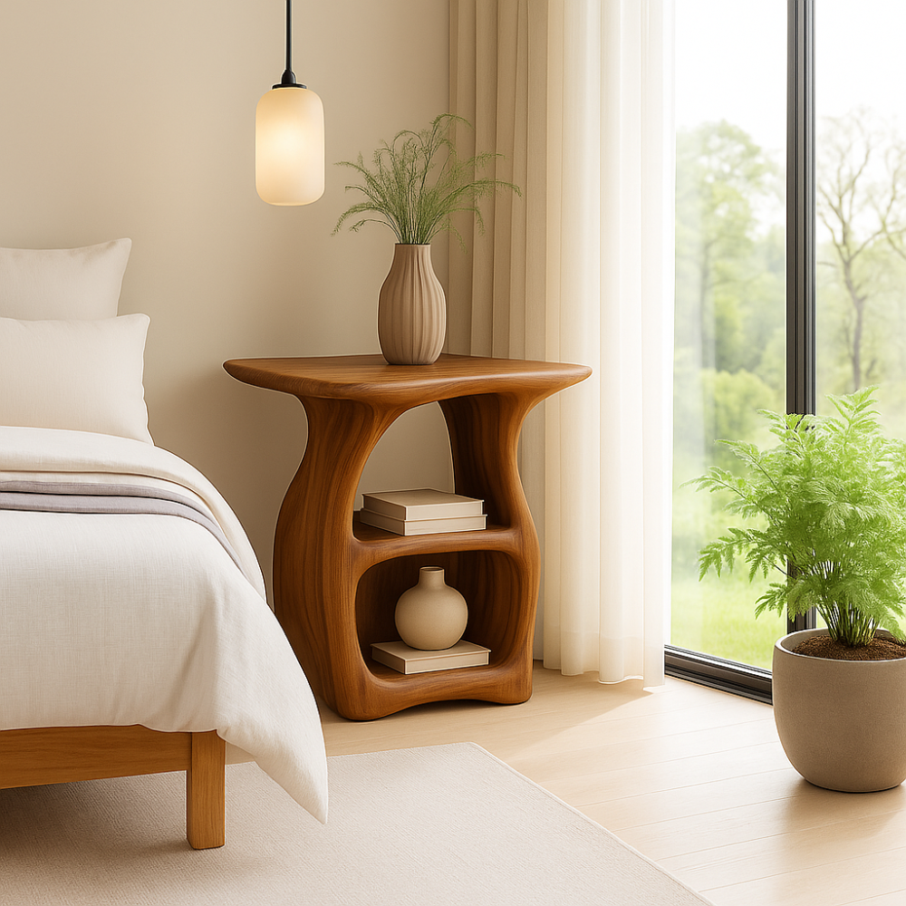 Handcrafted Solid Wood Nightstand – Modern Organic Bedside Table with Curved Open Shelves Kitchnce