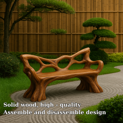 Handcrafted Solid Wood Bench with Backrest – Sculptural Organic Art Furniture for Garden Kitchnce