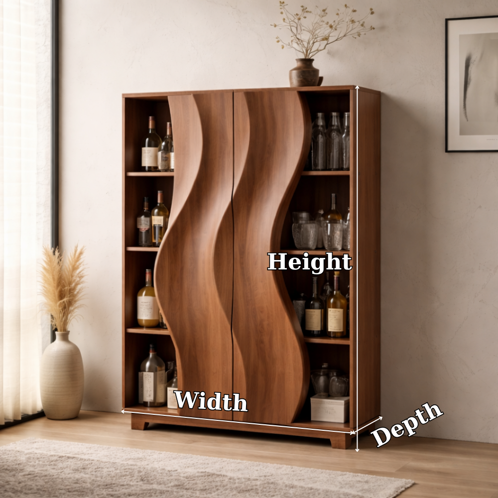 Solid Wood Bar Cabinet with Sculpted Wave Doors and Open Bottle Storage
