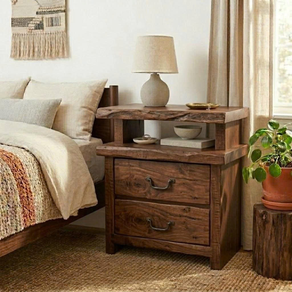Solid Live Edge Nightstand - Rustic Industrial Table with Hand-Forged Handles