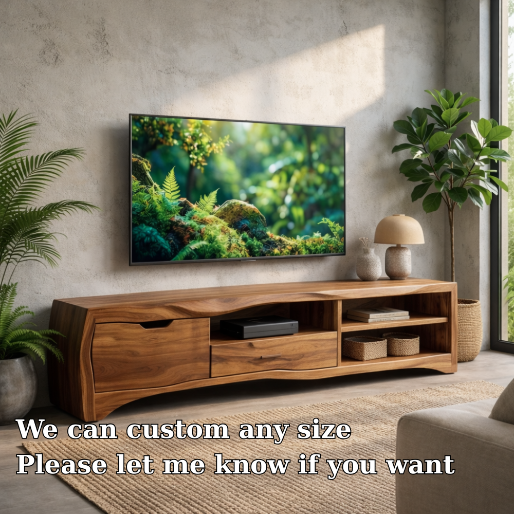 Modern Solid Wood TV Stand with Storage Drawers and Open Shelves – Living Room Media Console Kitchnce