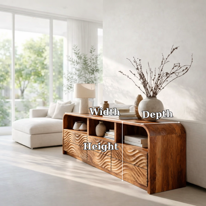 Solid Wood Sideboard Console with Wave Carved Drawers & Open Shelf Cabinet