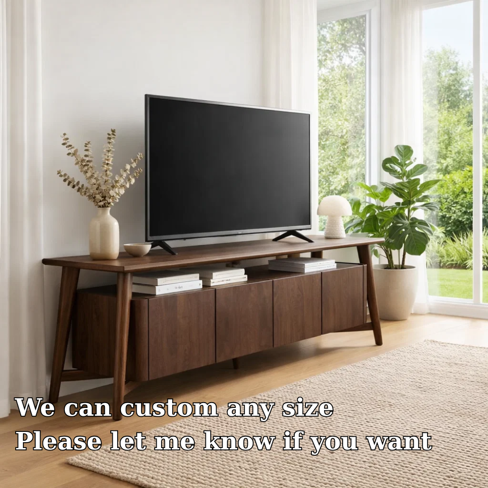 Mid Century Solid Wood TV Console with Cabinets & Open Storage Shelf