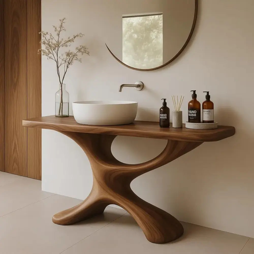 Handcrafted Solid Wood Bathroom Vanity with Sculptural Base – Modern Organic Sink Table Kitchnce