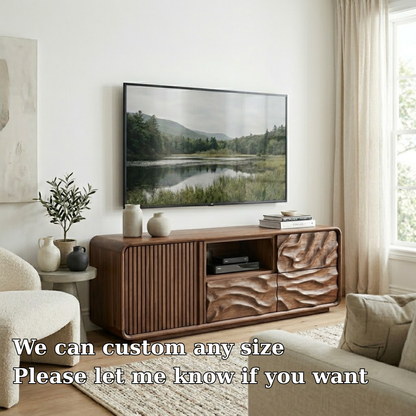 Solid Wood Media Console with Fluted & Carved Doors, Modern TV Stand with Storage