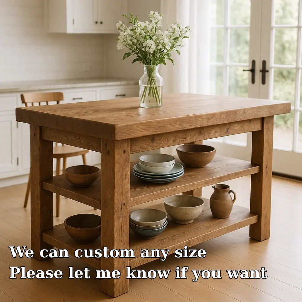Handcrafted Solid Wood Kitchen Island – Rustic Oak Butcher Block Table with Open Shelves Kitchnce