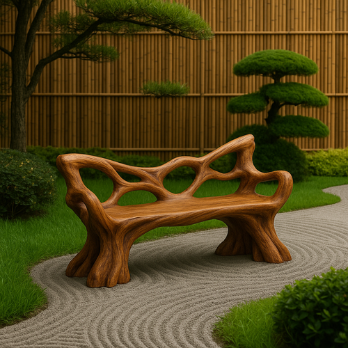 Handcrafted Solid Wood Bench with Backrest – Sculptural Organic Art Furniture for Garden Kitchnce
