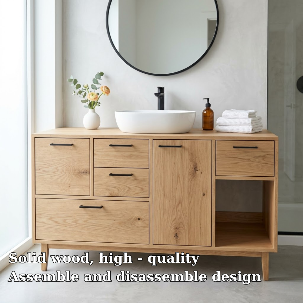 Solid Wood Bathroom Vanity with Drawers & Open Storage – Modern Design