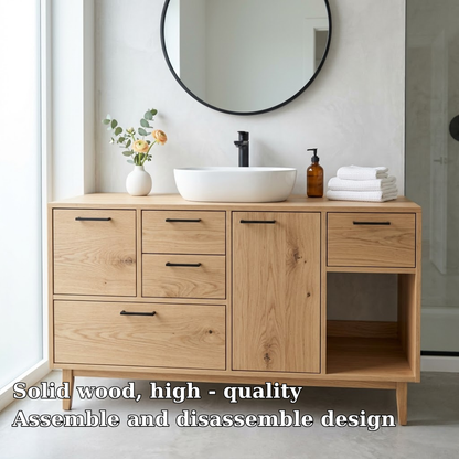 Solid Wood Bathroom Vanity with Drawers & Open Storage – Modern Design