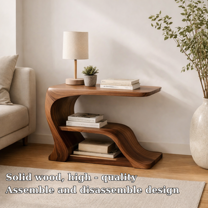 Solid Wood Curved End Table with Storage Shelf – Modern Sculptural Side Table for Living Room Kitchnce