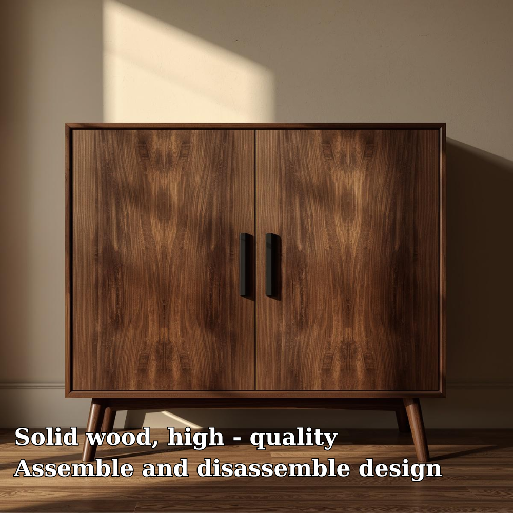 Sleek Walnut Console Cabinet -  Mid-Century Modern Design with Black Handles