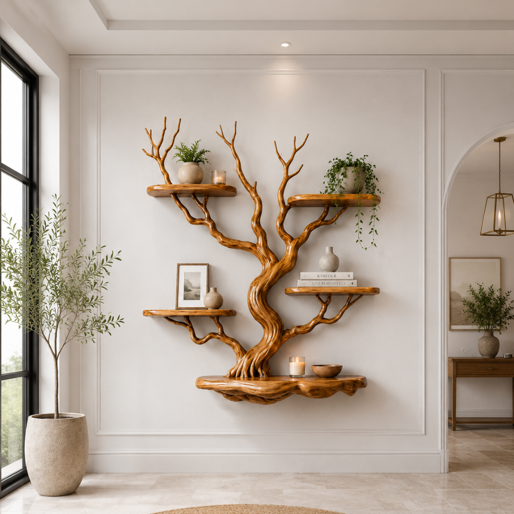 Nature Inspired Solid Wood Tree Bookshelf with Floating Display Shelves