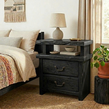 Solid Live Edge Nightstand - Rustic Industrial Table with Hand-Forged Handles