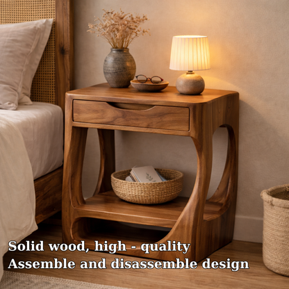 Solid Wood Nightstand with Open Shelf and Drawer – Modern Curved Bedside Table Kitchnce